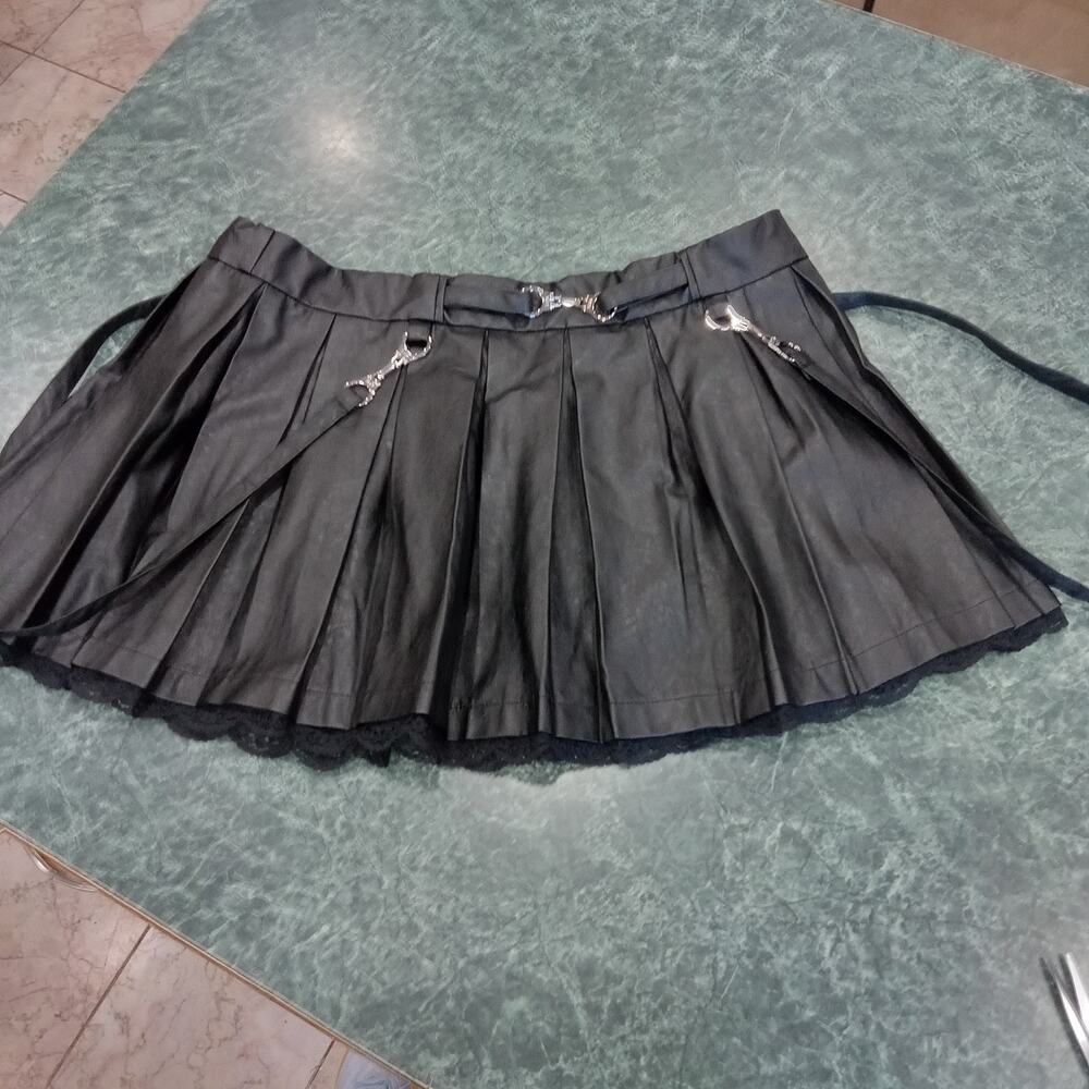 Little For Big Size XL Black Pleather Skirt With Straps & Silvertone Handcuffs